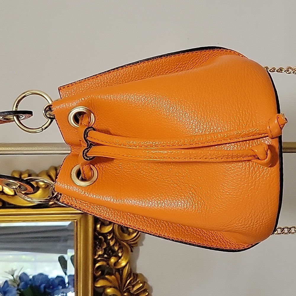 REAL LEATHER Orange Pebble Leather Hobo Bucket Bag - Picture 4 of 12